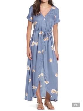 Volcom Blue Floral Maxi Dress Button Front Tie Waist Boho Beach Coastal Flowy
